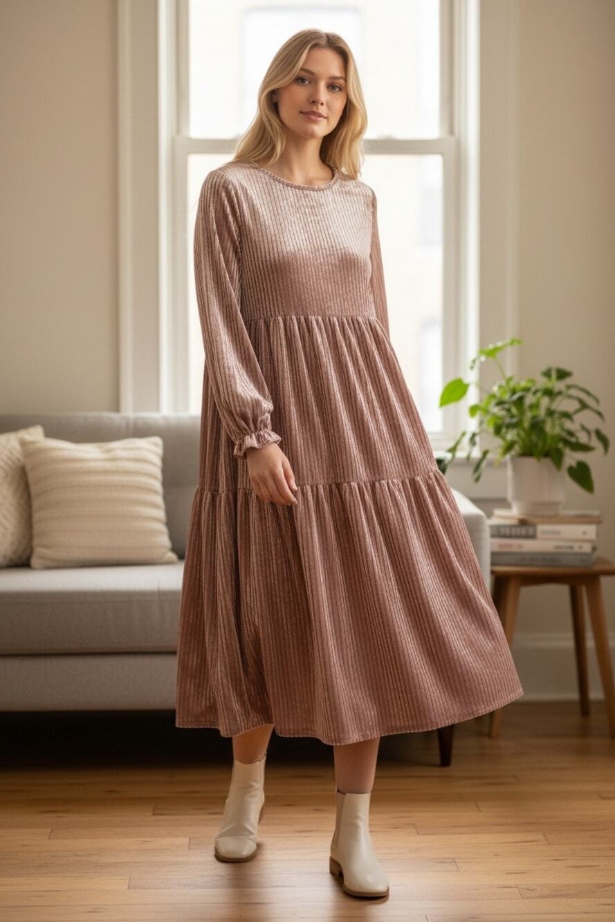 Emery Rose Velvet Pleated Tiered Dress Womens Small Pink Long Sleeve Babydoll